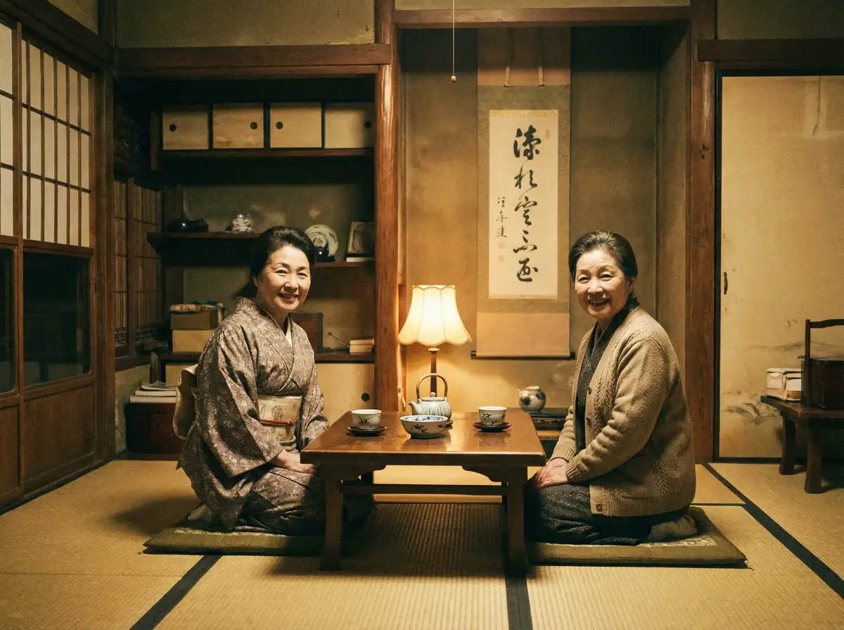 两位优雅的 BOB体育平台 在日式茶室中品茶交谈